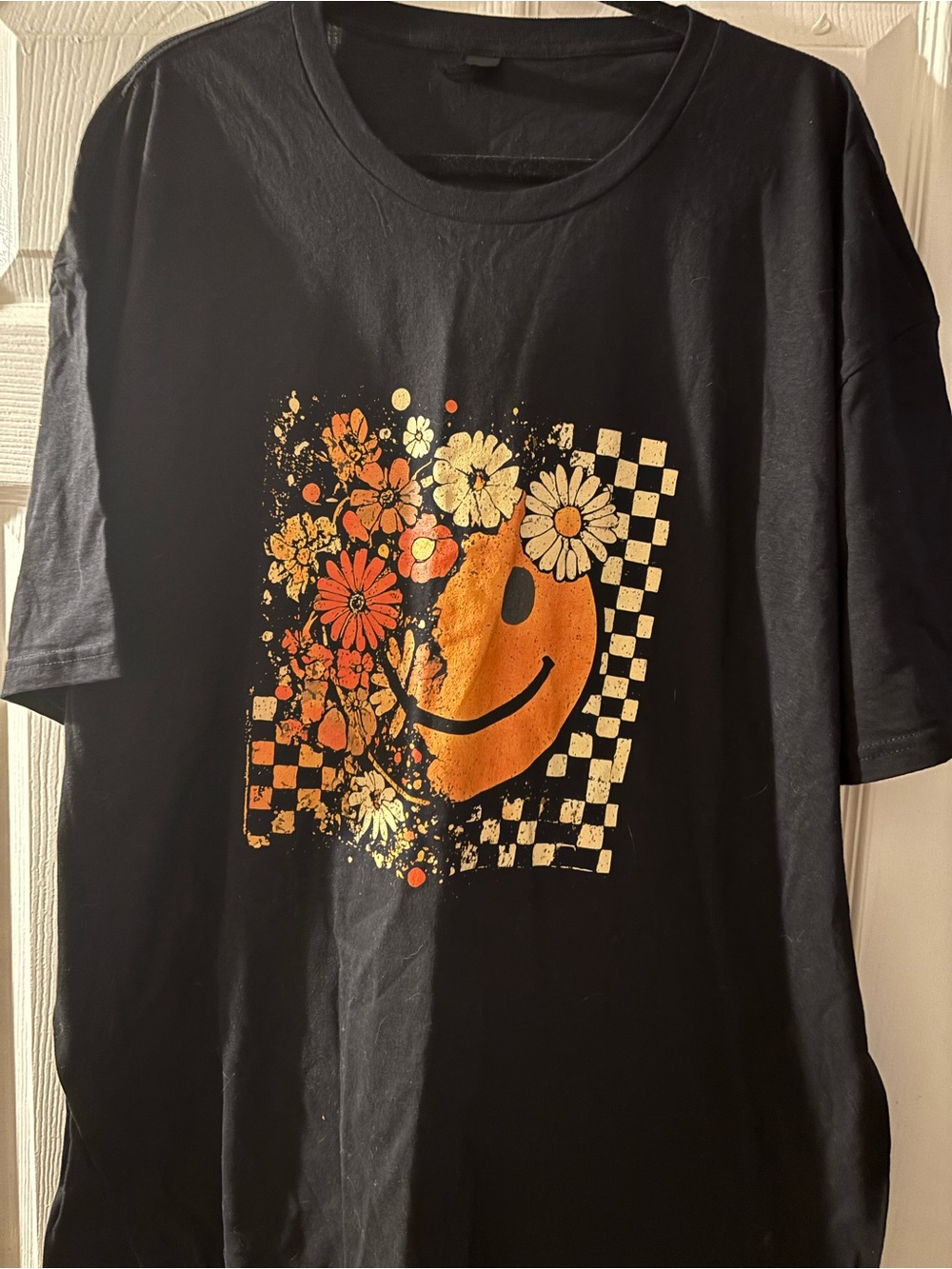 Gildan Black Tee with Orange & Cream Floral Smiley Graphic
